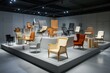 © Aleksander - A modern exhibition showcasing a variety of stylish chairs in different designs and colors, arranged on a tiered display in a well-lit space.