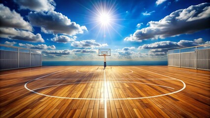 Empty basketball court with polished wood floor, vibrant blue lines, and gleaming hoops, awaiting action, set against a