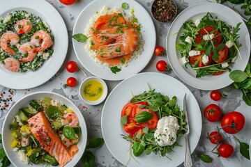 Wall Mural - Salads Set, Various Meat and Vegetable Salats with Salmon, Shrimps, Tomatoes, Spices Top View