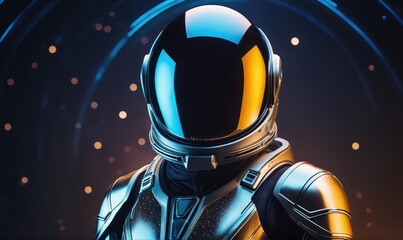 Wall Mural - An astronaut in a silver suit and helmet stands in front of a dark blue background with glowing lights
