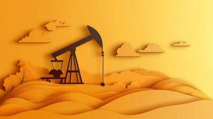 Paper-cut style, Oil drilling derrick pumps oil from ground. Petroleum industry, crude oil extraction. Production of fuel from natural resources. Oil crisis.