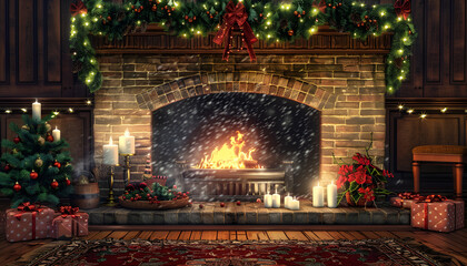 Christmas eve interior with fireplace and lights in night colors