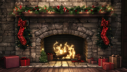 Christmas eve interior with fireplace and lights in night colors