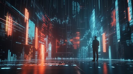 Poster - a lone figure examines digital data visuals in a futuristic space filled with glowing graphs and cha