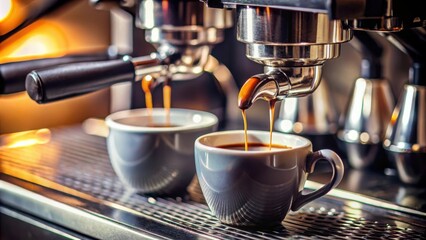 Close-up of two black cups being filled with espresso from a coffee machine in a cafe setting, capturing the essence of a perfect coffee moment