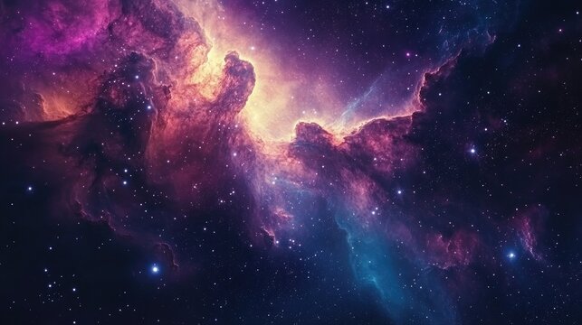 Swirling, vibrant space clouds forming a nebula, with millions of distant stars shimmering in the background of space.