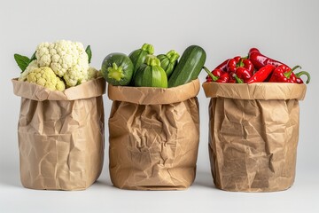 Three bags of vegetables are displayed on a white background