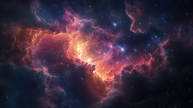 Swirling, vibrant space clouds forming a nebula, with millions of distant stars shimmering in the background of space.