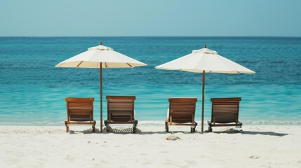 A beach scene with two umbrellas and two beach chairs