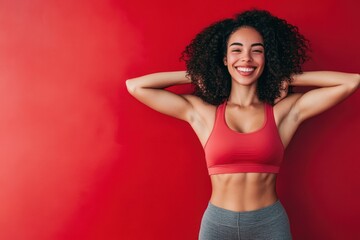 smiling woman in red sports bra against red backdrop.