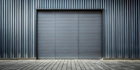 corrugated sheet metal facade in dark gray with light gray pavement in the foreground