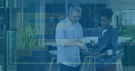 Poster - Animation of data processing and diagrams over diverse colleagues talking in office