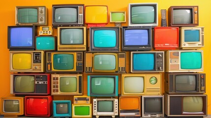 retro technology time capsule colorful array of vintage tv sets stacked in artistic composition showcasing evolution of design