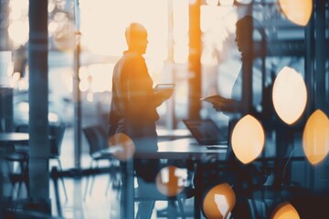 Wall Mural - Teaming up to push through towards great success Defocused shot of two businesspeople having a discussion in an office