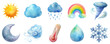 © Pixel Pine - Weather icons including sun, clouds, rain, rainbow, tornado, moon, wind, water drop and snowflake in watercolor illustration set. Each element in soft pastel colors isolated on transparent background