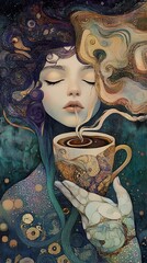 Woman Holding Cup of Coffee with Steam, Dreamy Illustration.