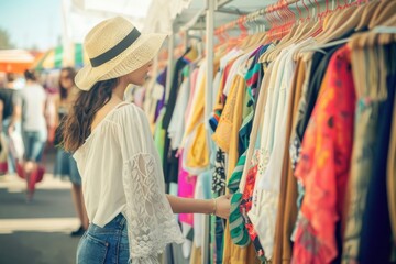 Young girl choosing clothes in a second hand market in summer, zero waste concept Teenager shopping at a flea market