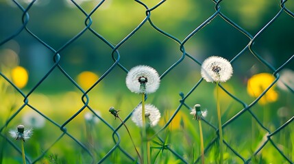 Wall Mural - Dandelions Through a Wire Fence