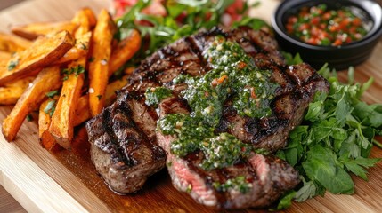 A delicious steak with a beautifully charred exterior, served with a vibrant chimichurri sauce, fresh greens, and a side of sweet potato fries.