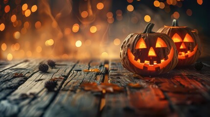 rustic wooden table adorned with carved jackolanterns glowing warmly against a magical bokeh background orange and black hues create a festive halloween atmosphere