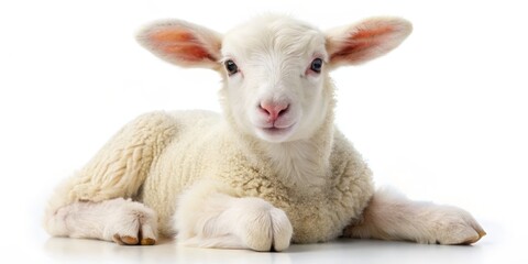 Cute Lamb Looking Up, Isolated on White, Closeup, Fluffy Fur, Animal Portrait, Lamb, Furry