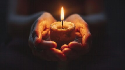 serene closeup of hands cupping a single burning candle its warm glow illuminating weathered skin and creating a powerful chiaroscuro effect symbolizing hope and resilience