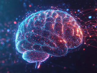 Poster - a holographic brain with swirling data symbols represents advanced technology and neural networks, s