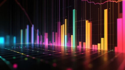 A detailed view of a 3D bar chart with translucent bars and gradient colors, set against a dark background with grid lines and axis labels for clarity.