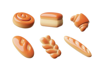 Set of icons for bakery products: 3D loaves, buns, baguettes.