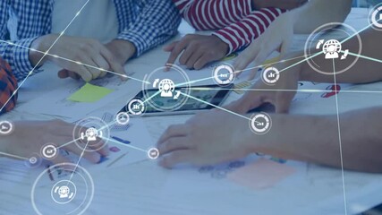Poster - Animation of network of connections with icons over diverse colleagues discussing work