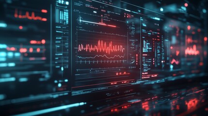 Futuristic digital interface with glowing graphs and data visualizations showcasing technology and analysis.