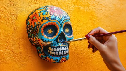 Creative young artist painting a vibrant DÃ­a de los Muertos sugar skull, isolated on a vibrant, ochre background