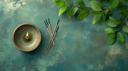 Serene Bodhi Day decor with incense and bodhi leaves on a tranquil, olive-green backdrop