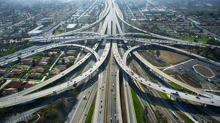 High altitude aerial view of a complex highway intersection. Concept of urban infrastructure, city planning, traffic management, road network