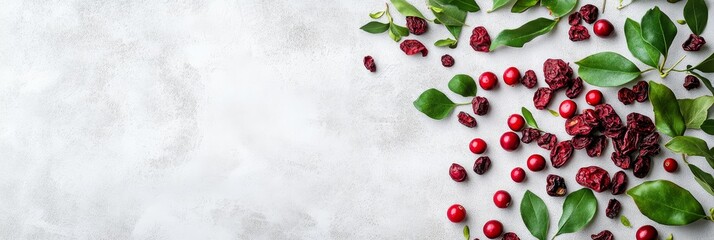 A close-up image of fresh cranberries and green leaves scattered on a white surface. The image is perfect for showcasing the vibrant colors and textures of these natural ingredients. The composition c