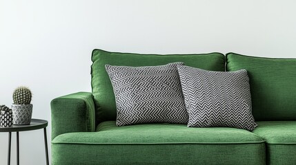 Poster - Stylish green sofa adorned with geometric pillows in modern living room setting with minimalist decor