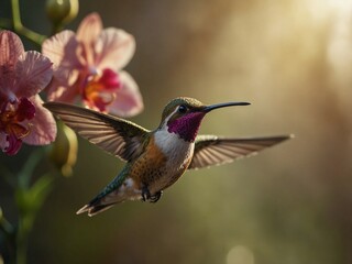 A colorful hummingbird with iridescent feathers hovers near bright pink flowers, feeding in warm sunlight.