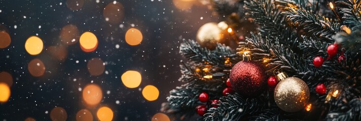 Wall Mural - A close-up of a Christmas tree branch decorated with red and gold ornaments, red berries, and twinkling lights.  The background is blurred with bokeh lights, symbolizing joy, festivity, warmth, and th