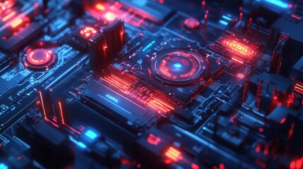 Poster - A close-up of a circuit board with glowing red and blue lights, symbolizing the interconnectedness of technology, the flow of data, and the power of artificial intelligence. The design evokes a sense 