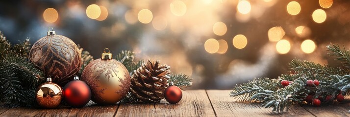 A close-up of a festive Christmas scene featuring ornaments and baubles on a wooden table. The ornaments are arranged in a cluster, with a pine cone and fir branches surrounding them. The background i