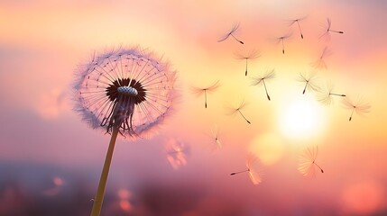 Wall Mural - Dandelion Seeds Floating in Sunset Sky