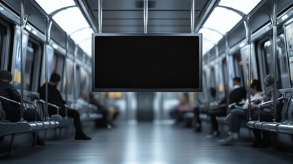 black blank advertising board near the entrance doors of a modern subway train, with seated and stan