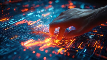 Poster - A close-up of a hand interacting with a glowing digital interface, symbolizing technology and data analysis