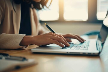 Poster - Close Up of Woman Hands Typing Business Report on a Laptop Computer An anonymous Asian businesswoman working on her laptop computer while sitting at desk in her office