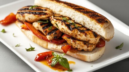 Wall Mural - A gourmet sandwich with grilled chicken, roasted peppers, and a drizzle of sauce, presented on a white plate with a minimalistic background for an elegant presentation.