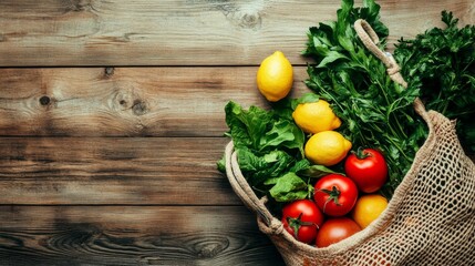 Wall Mural - A reusable grocery bag filled with vibrant organic produce rests on a rustic wooden surface, showcasing leafy greens, ripe tomatoes, and bright lemons