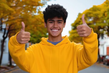 Smiling young guy wearing yellow hoodie and showing thumbs up Smiling young guy wearing yellow hoodie and showing thumbs up