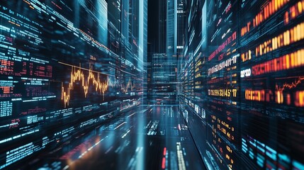 Poster - dynamic abstract visualization of data streams and financial market trends in a futuristic urban set