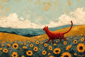 A cat is walking through a field of yellow flowers