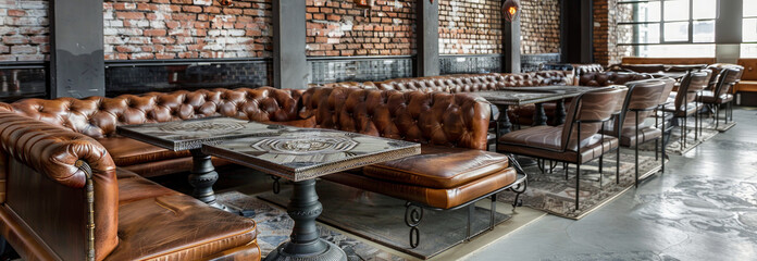 A cozy, industrial-style interior featuring brown leather sofas, ornate tables, and exposed brick walls. Concept of modern restaurant or cafe design with a blend of comfort and rustic aesthetics